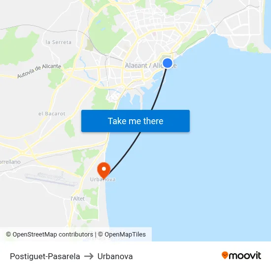 Postiguet-Pasarela to Urbanova map