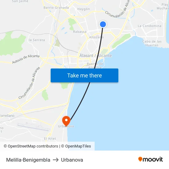 Melilla-Benigembla to Urbanova map