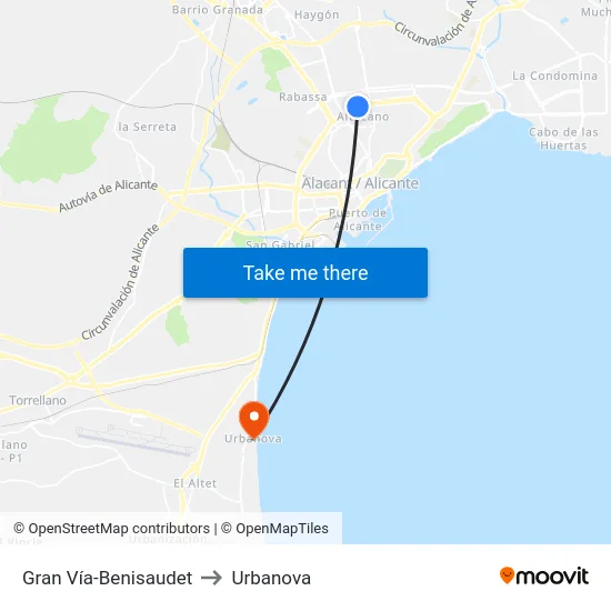 Gran Vía-Benisaudet to Urbanova map