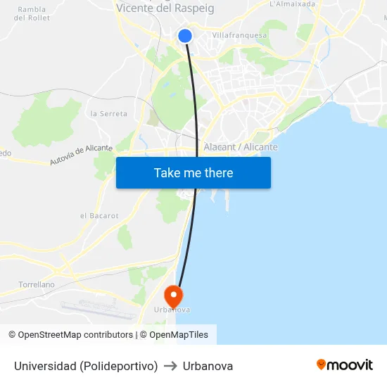 Universidad (Polideportivo) to Urbanova map