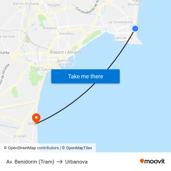 Av. Benidorm (Tram) to Urbanova map