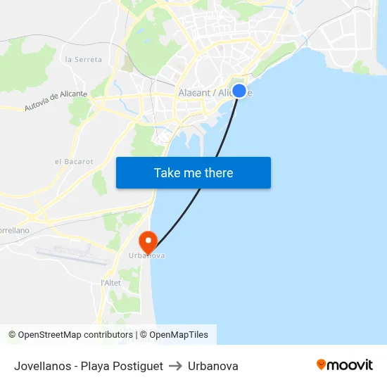 Jovellanos - Playa Postiguet to Urbanova map