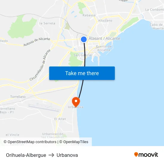 Orihuela-Albergue to Urbanova map