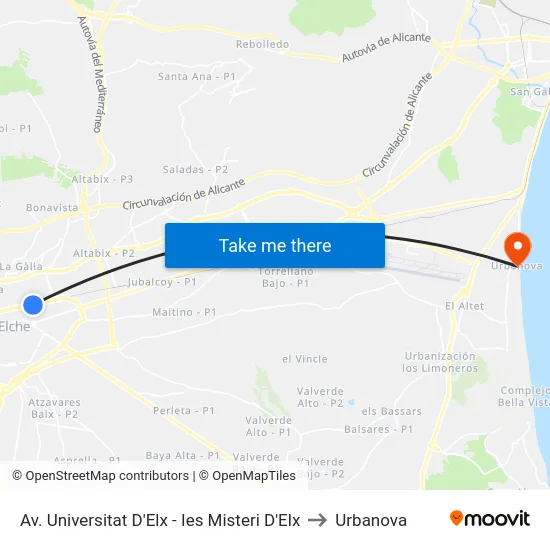 Av. Universitat D'Elx - Ies Misteri D'Elx to Urbanova map