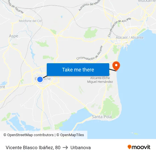 Vicente Blasco Ibáñez, 80 to Urbanova map