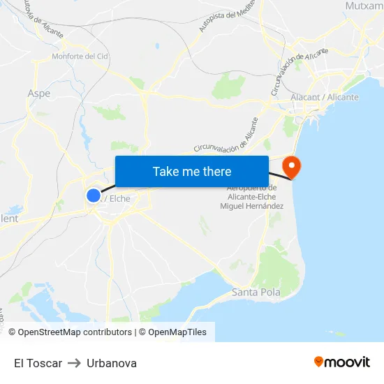 El Toscar to Urbanova map