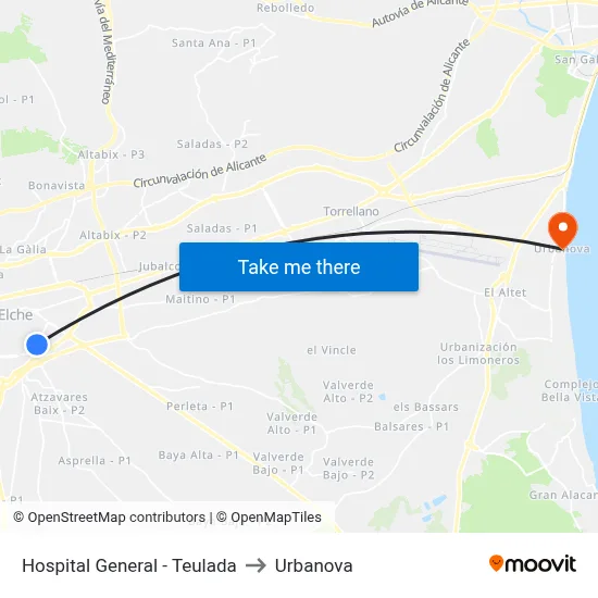 Hospital General - Teulada to Urbanova map
