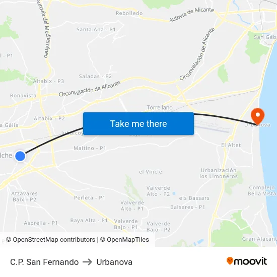 C.P. San Fernando to Urbanova map