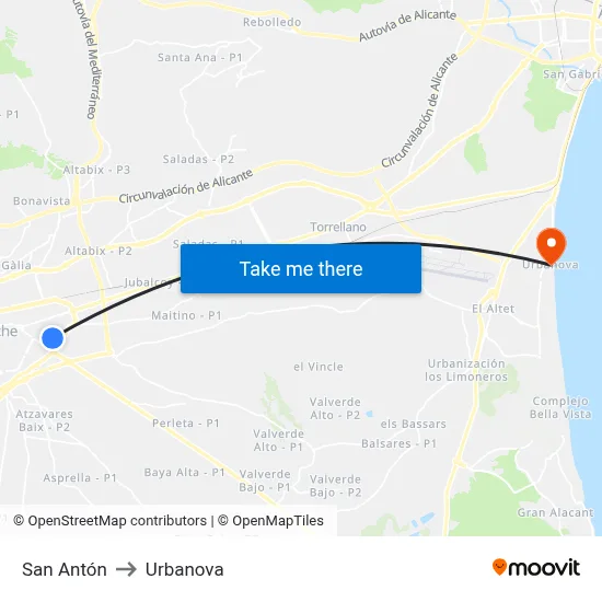 San Antón to Urbanova map