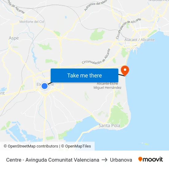 Centre - Avinguda Comunitat Valenciana to Urbanova map