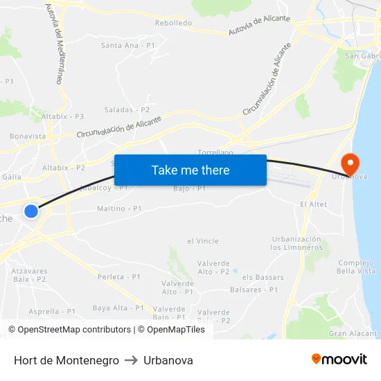 Hort de Montenegro to Urbanova map