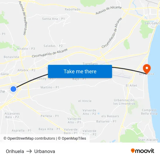 Orihuela to Urbanova map
