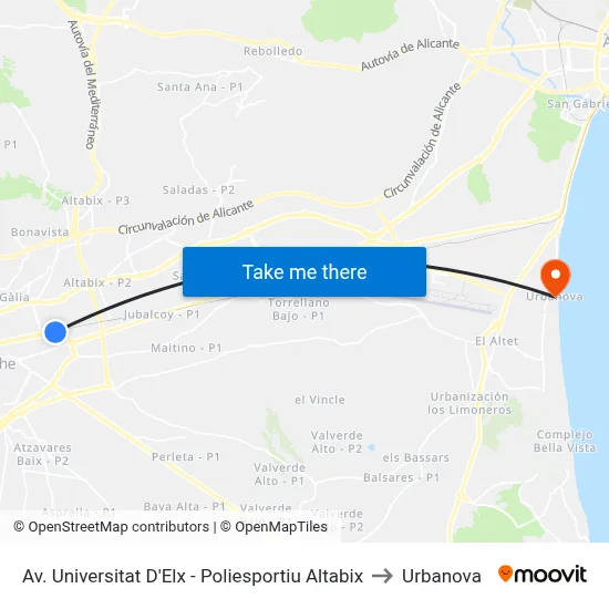 Av. Universitat D'Elx - Poliesportiu Altabix to Urbanova map