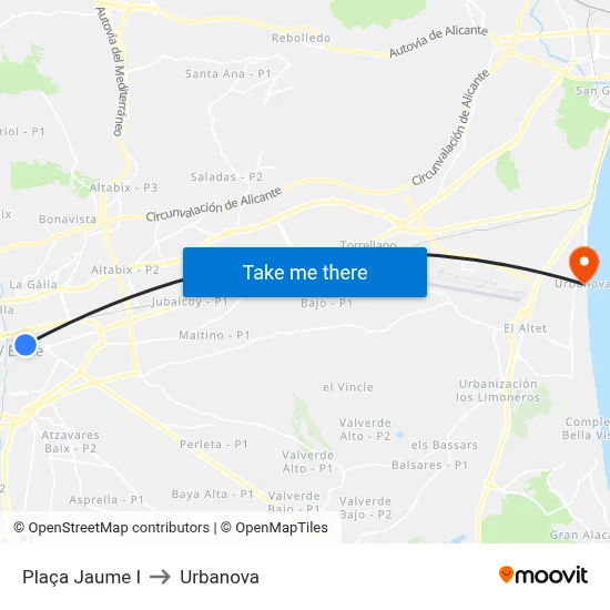 Plaça Jaume I to Urbanova map