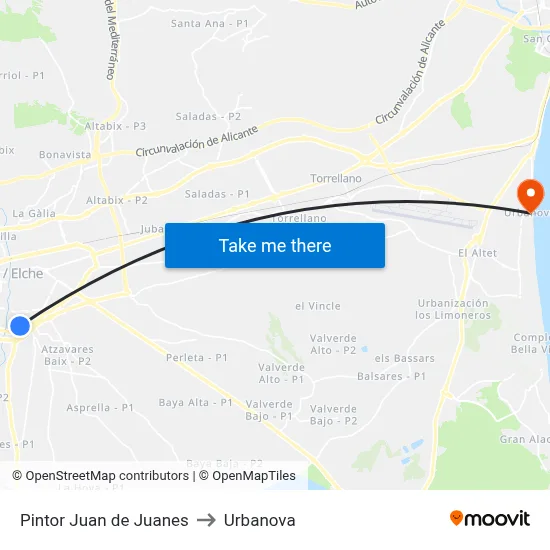 Pintor Juan de Juanes to Urbanova map