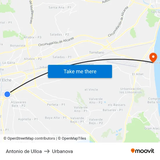 Antonio de Ulloa to Urbanova map