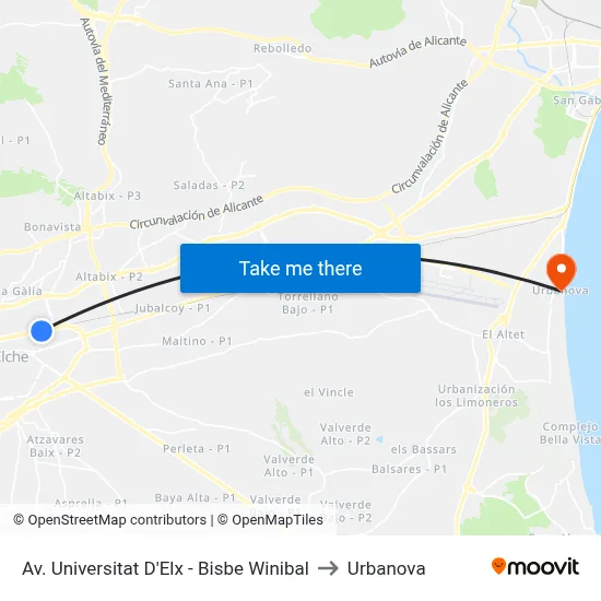 Av. Universitat D'Elx - Bisbe Winibal to Urbanova map