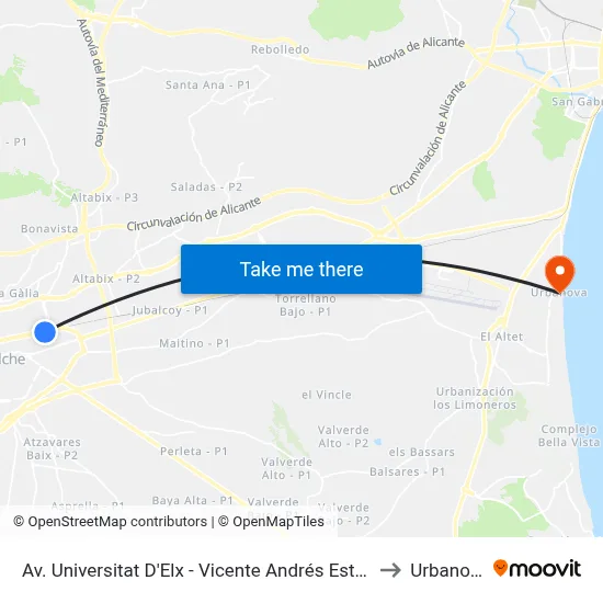 Av. Universitat D'Elx - Vicente Andrés Estellés to Urbanova map