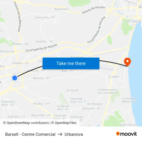 Barxell - Centre Comercial to Urbanova map