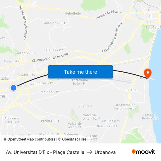 Av. Universitat D'Elx - Plaça Castella to Urbanova map