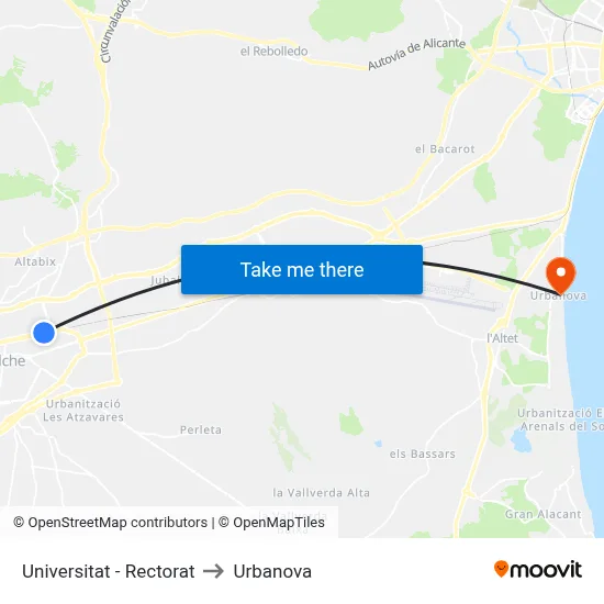Universitat - Rectorat to Urbanova map