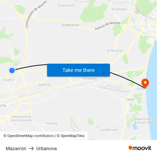 Mazarrón to Urbanova map