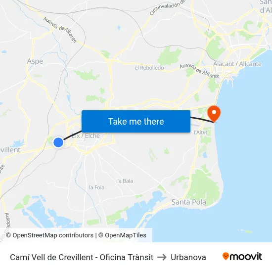Camí Vell de Crevillent - Oficina Trànsit to Urbanova map