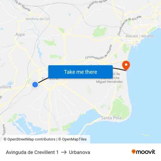 Avinguda de Crevillent 1 to Urbanova map