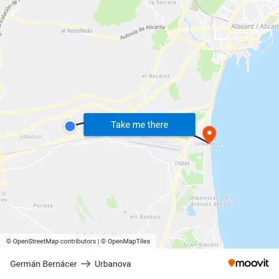 Germán Bernácer to Urbanova map