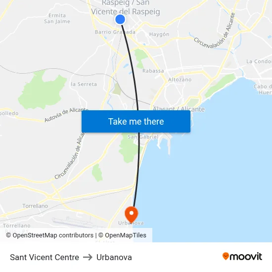 Sant Vicent Centre to Urbanova map