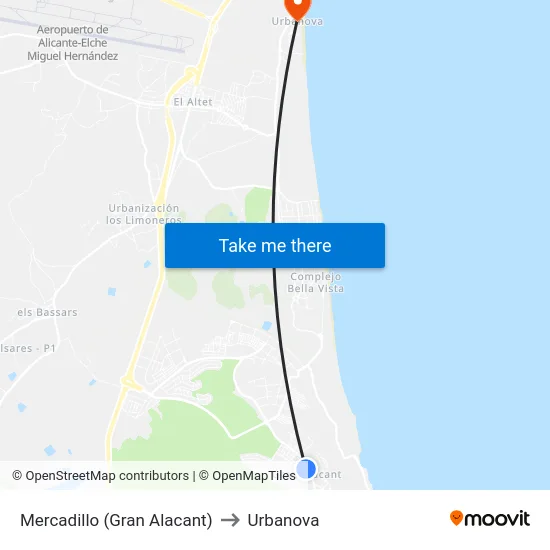 Mercadillo (Gran Alacant) to Urbanova map