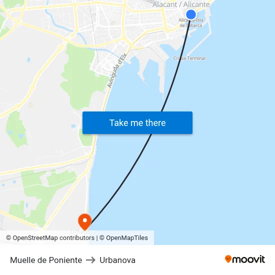 Muelle de Poniente to Urbanova map