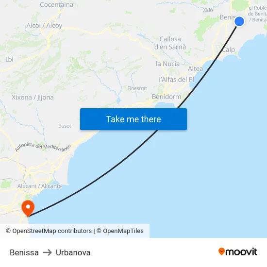 Benissa to Urbanova map