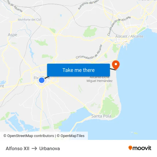 Alfonso XII to Urbanova map