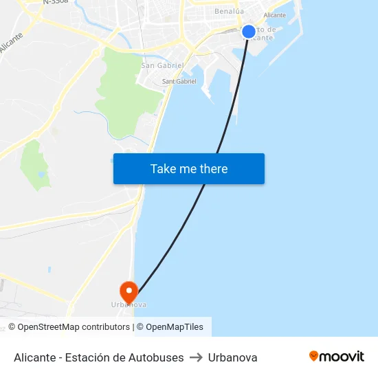 Alicante - Estación de Autobuses to Urbanova map