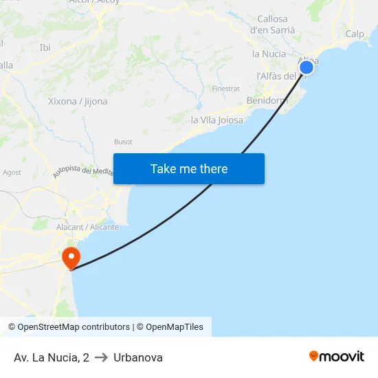 Av. La Nucia, 2 to Urbanova map