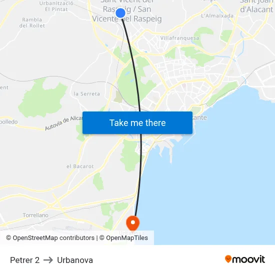 Petrer 2 to Urbanova map