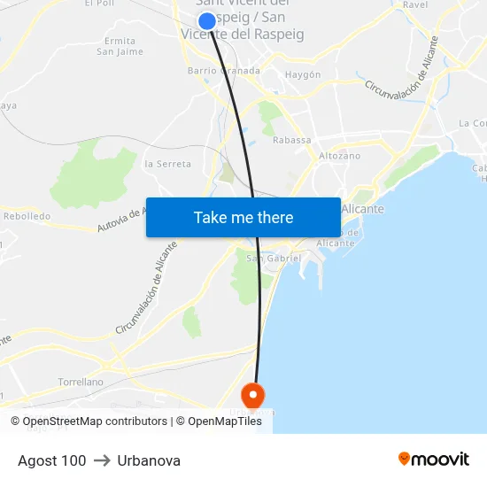 Agost 100 to Urbanova map