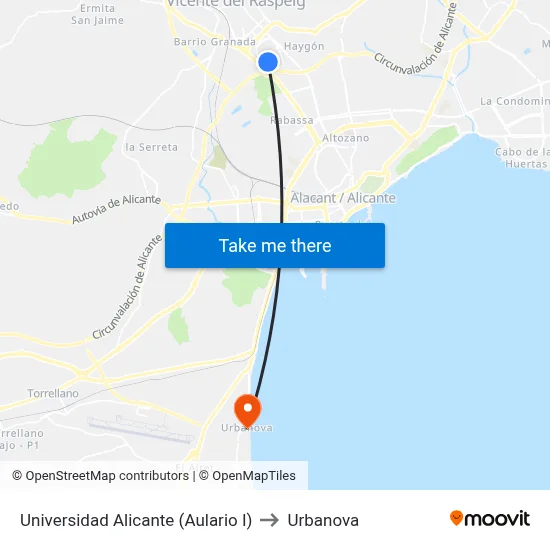 Universidad Alicante (Aulario I) to Urbanova map