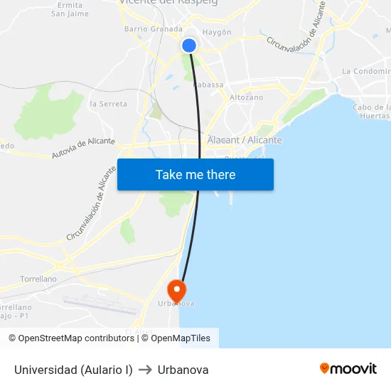 Universidad (Aulario I) to Urbanova map