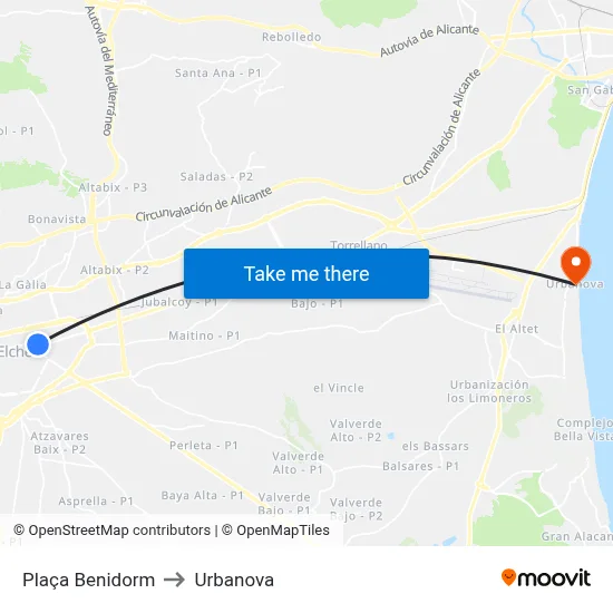 Plaça Benidorm to Urbanova map