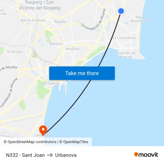 N332 - Sant Joan to Urbanova map