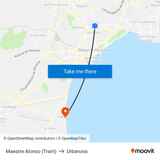 Maestre Alonso (Tram) to Urbanova map