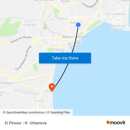 El Pinoso to Urbanova map
