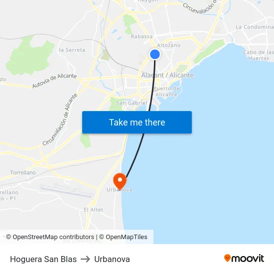 Hoguera San Blas to Urbanova map
