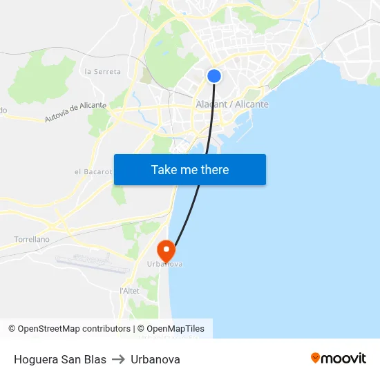 Hoguera San Blas to Urbanova map