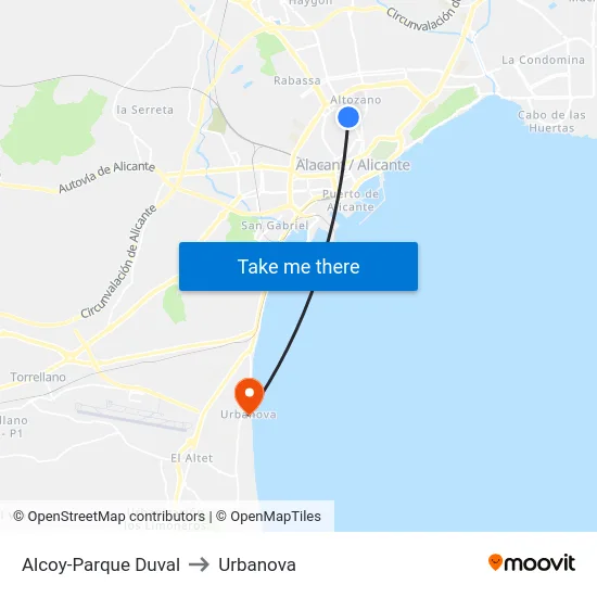 Alcoy-Parque Duval to Urbanova map