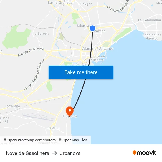 Novelda-Gasolinera to Urbanova map