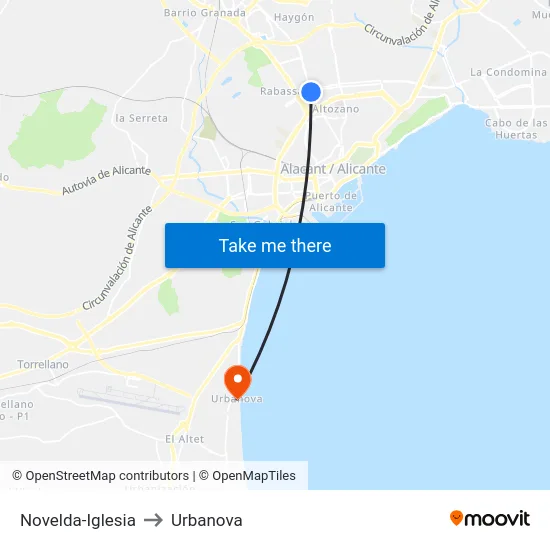 Novelda-Iglesia to Urbanova map