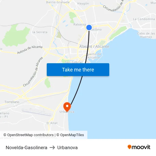 Novelda-Gasolinera to Urbanova map